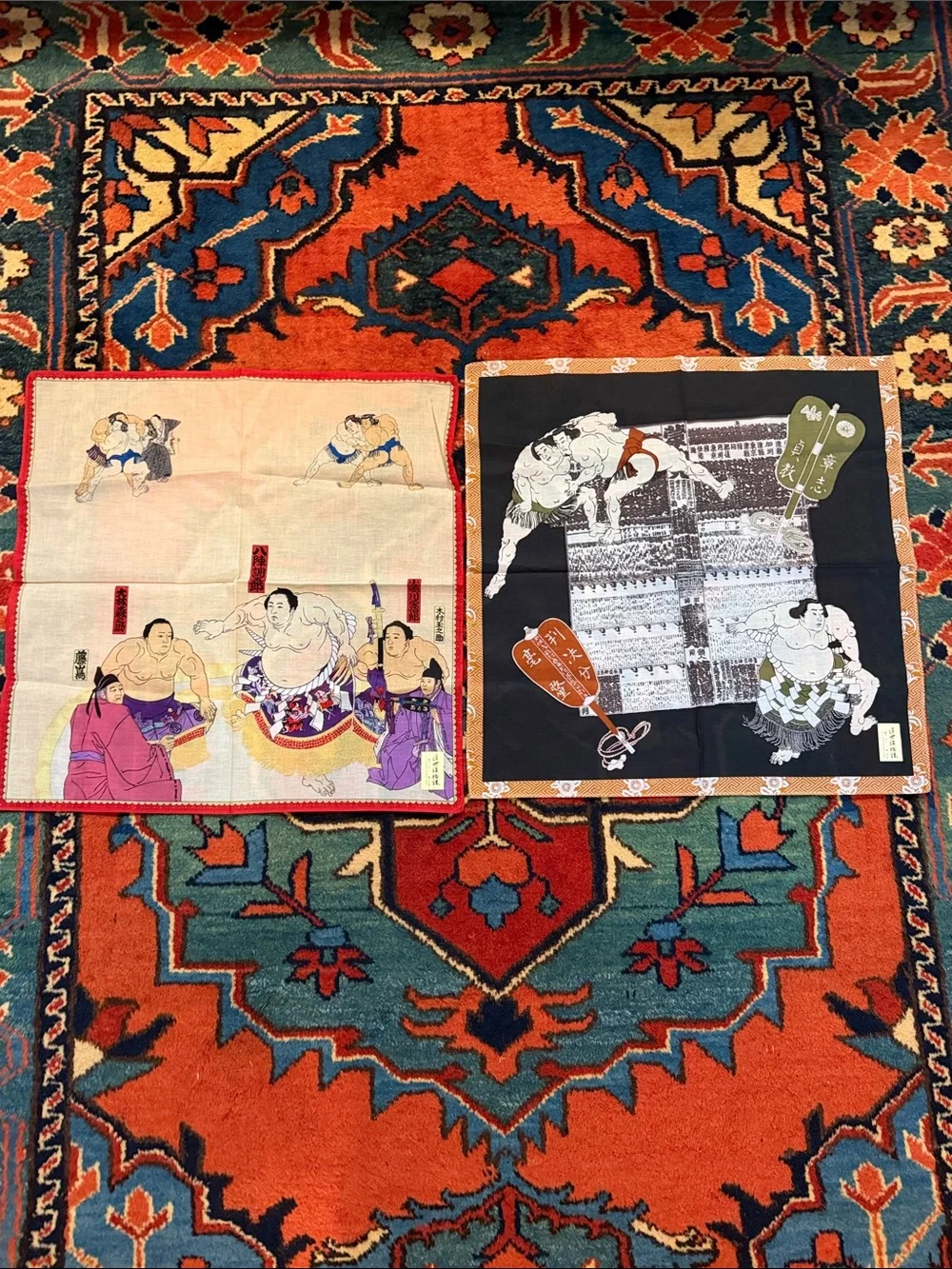 VTG Japanese Sumo Wrestler Ukiyo-E Furoshiki Scarf Set ~Mount Fuji